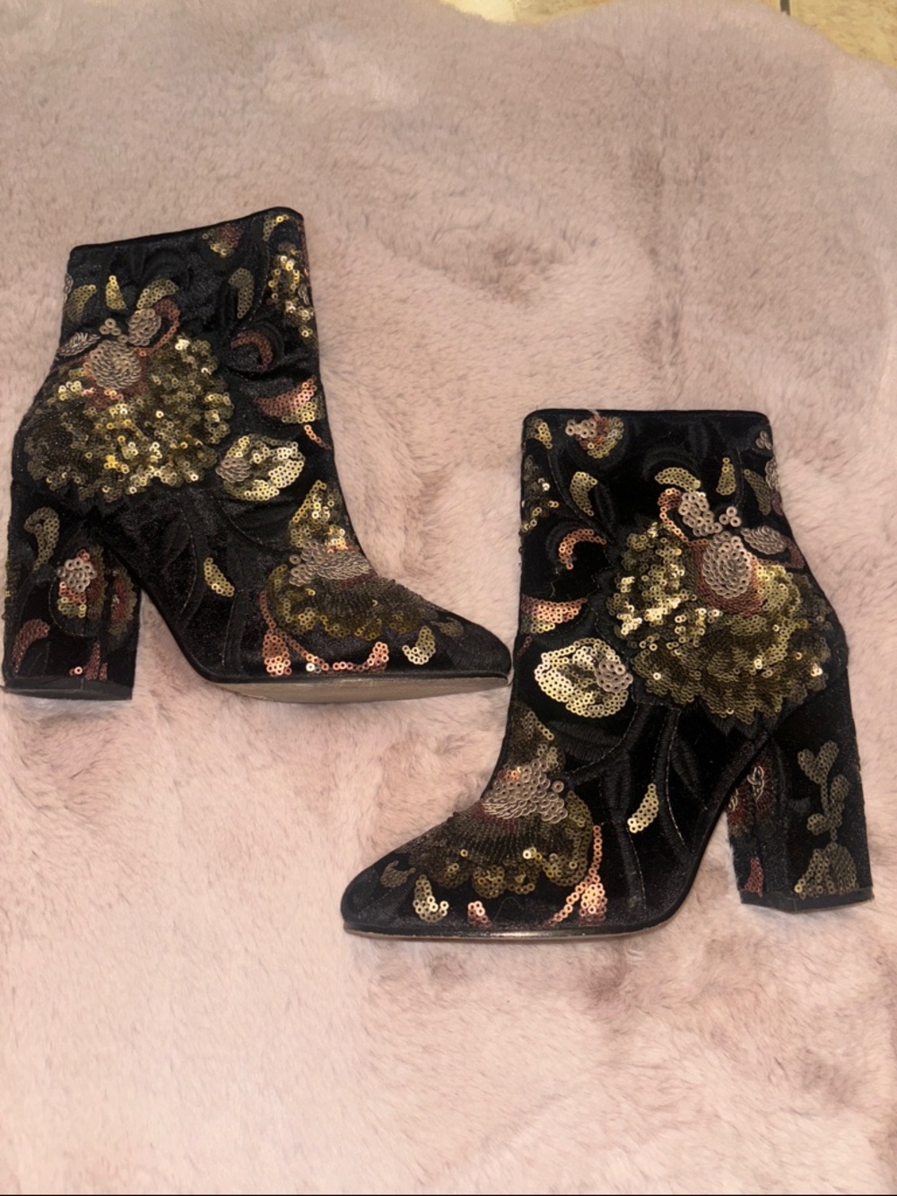 Women's Black Sequin Embroidered Block Heel Ankle Boots